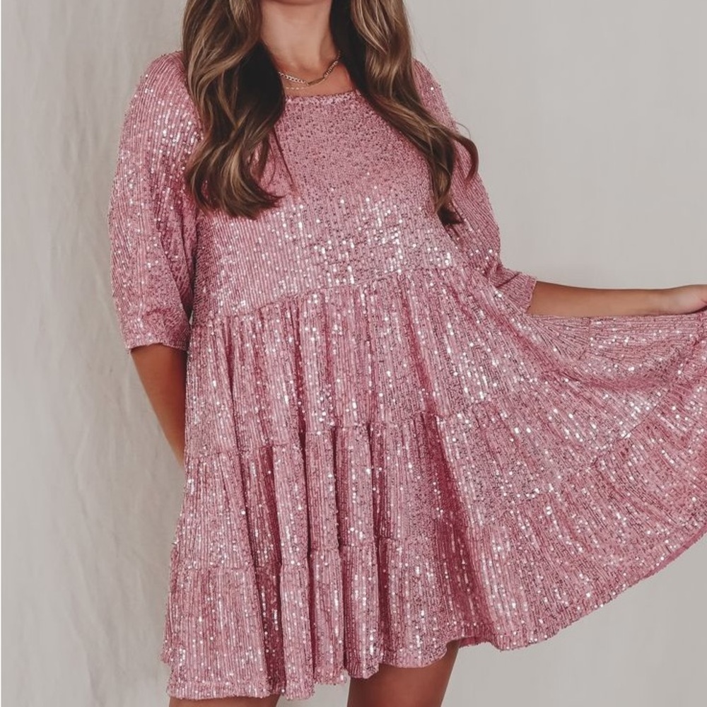Amazing Lace Viral Dark Pink Sequin Babydoll Dress